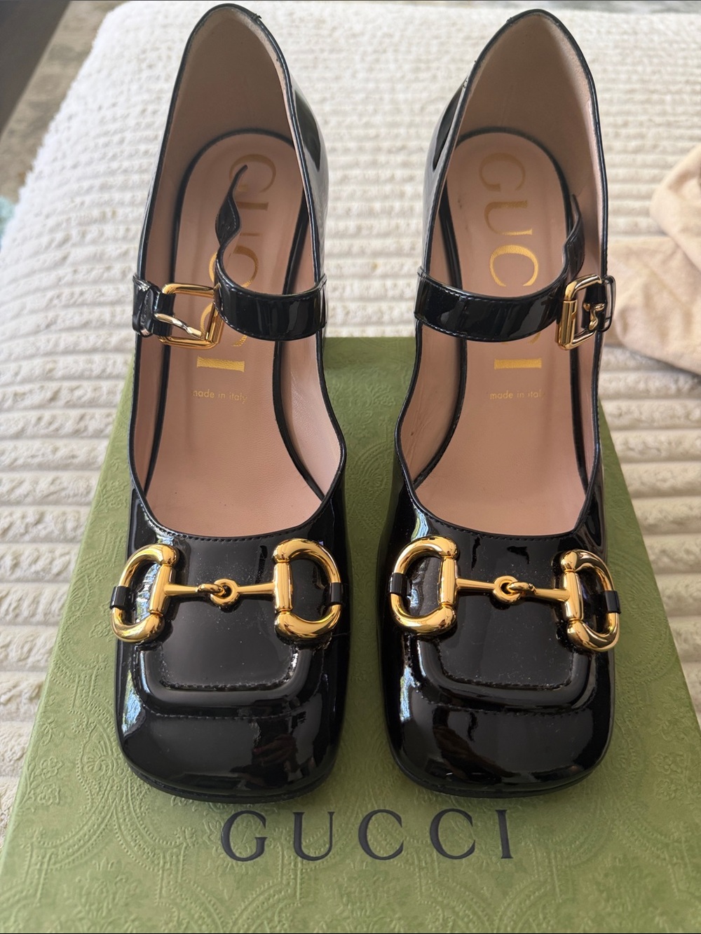 Gucci Black Patent Leather Mary Jane Heels with Gold Horsebit